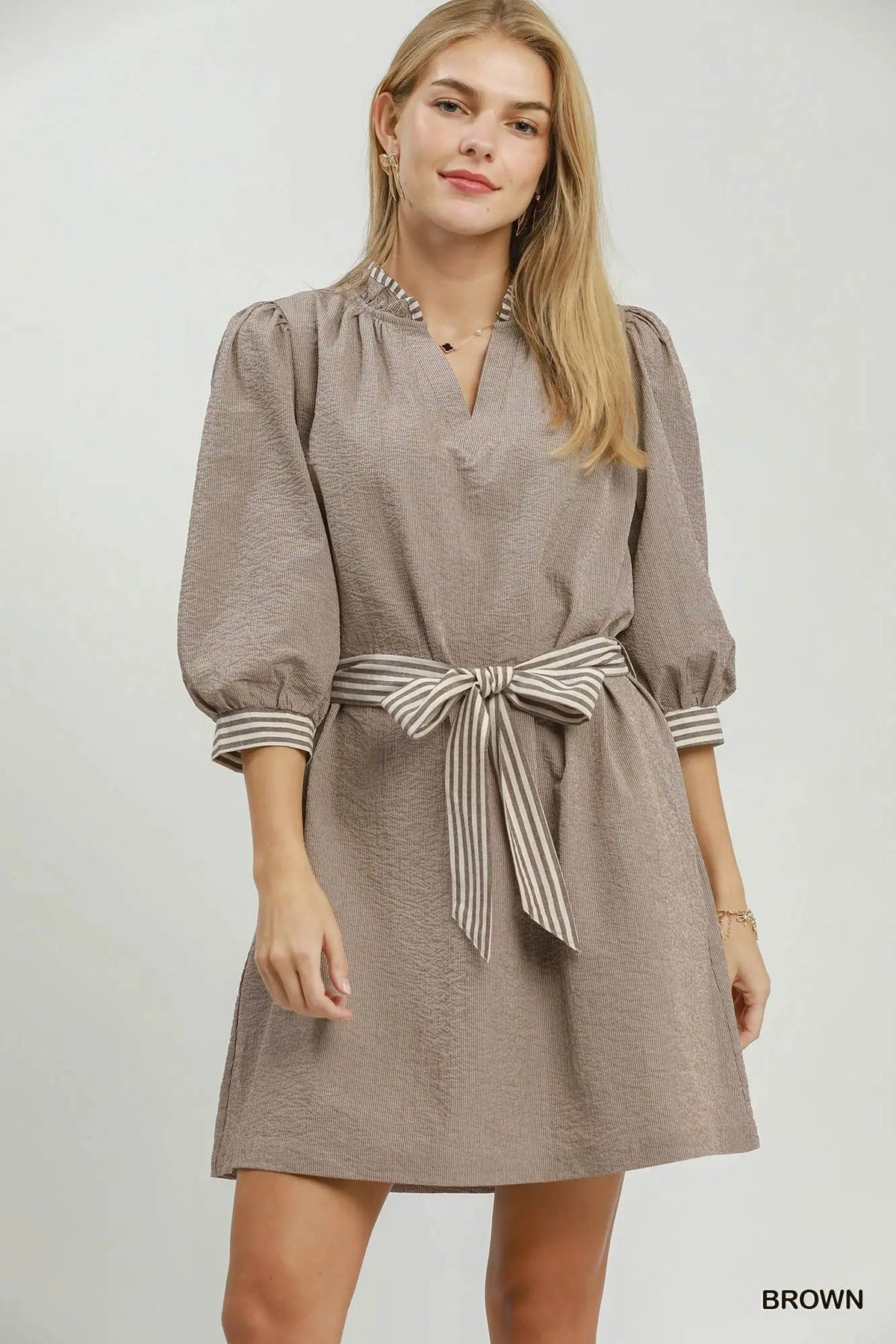 Brown Textured Tie Waist Dress