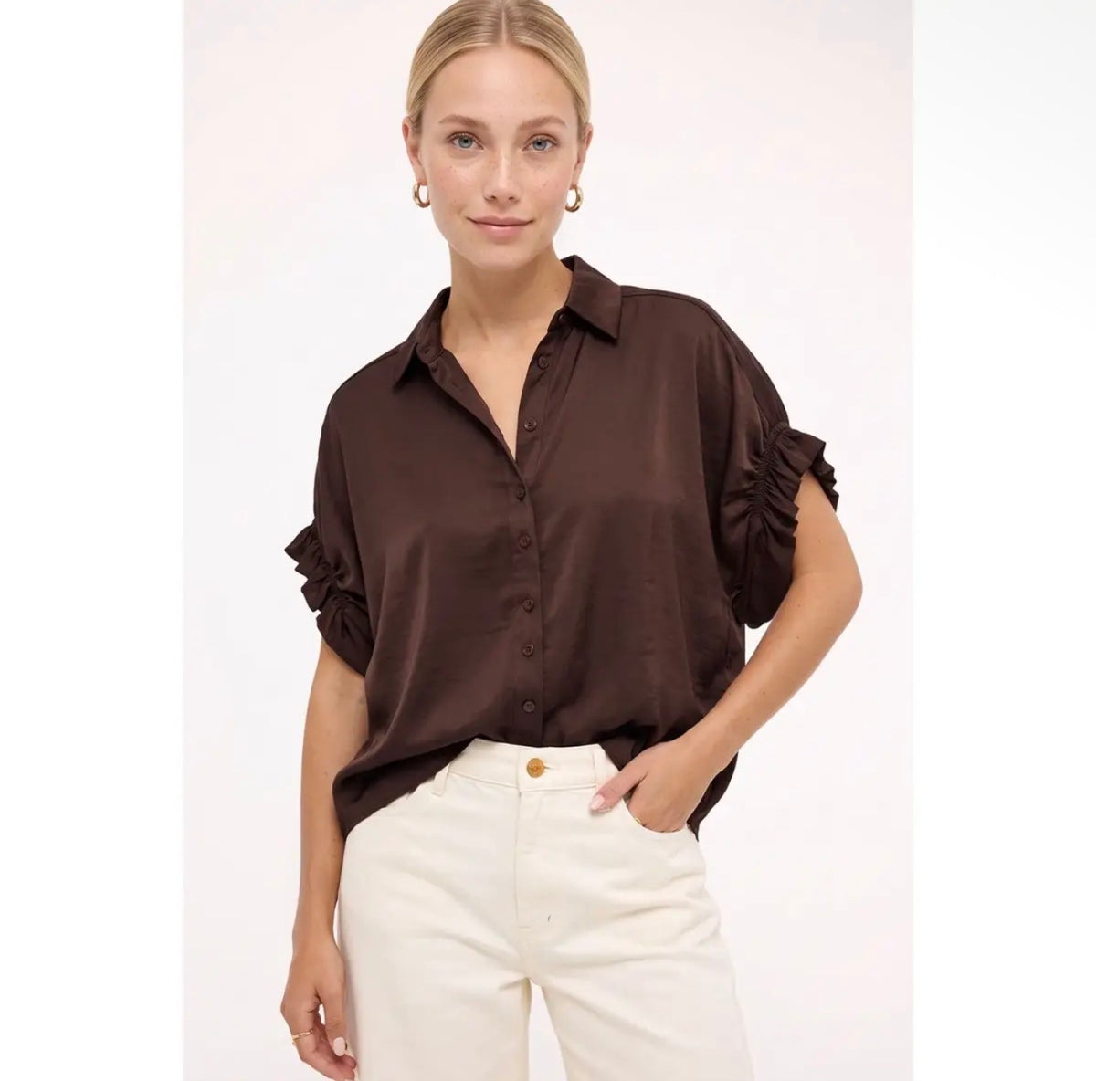 Chocolate Ruffle Sleeve Button Up Top