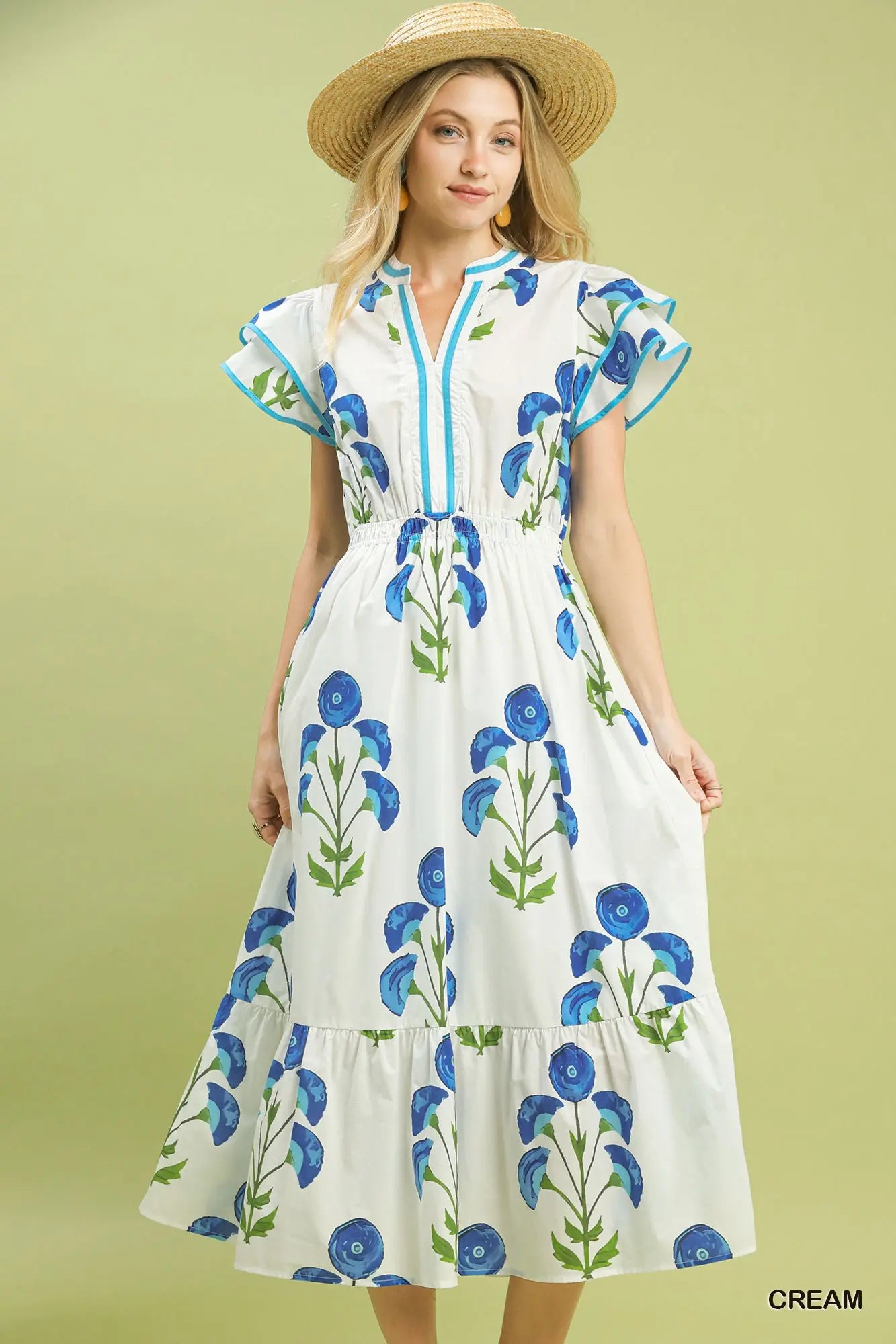 Cream & Blue Floral Midi Dress