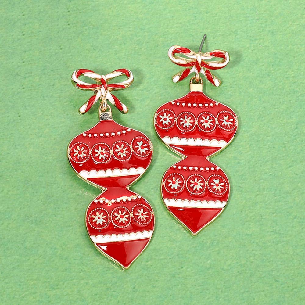 Triple Enamel Christmas Bow Ornament Link Drop Earrings: Gold,Mint
