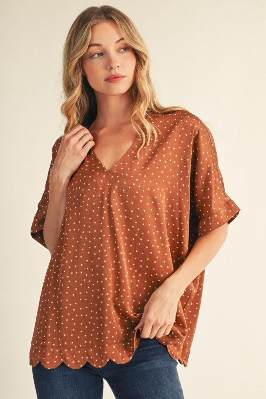 Scallop Polka Dot Top- Brown