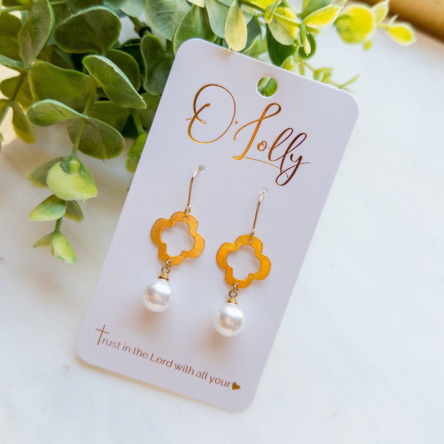 Gold Open Quatrefoil w/Pearl Dangle- “Terra”