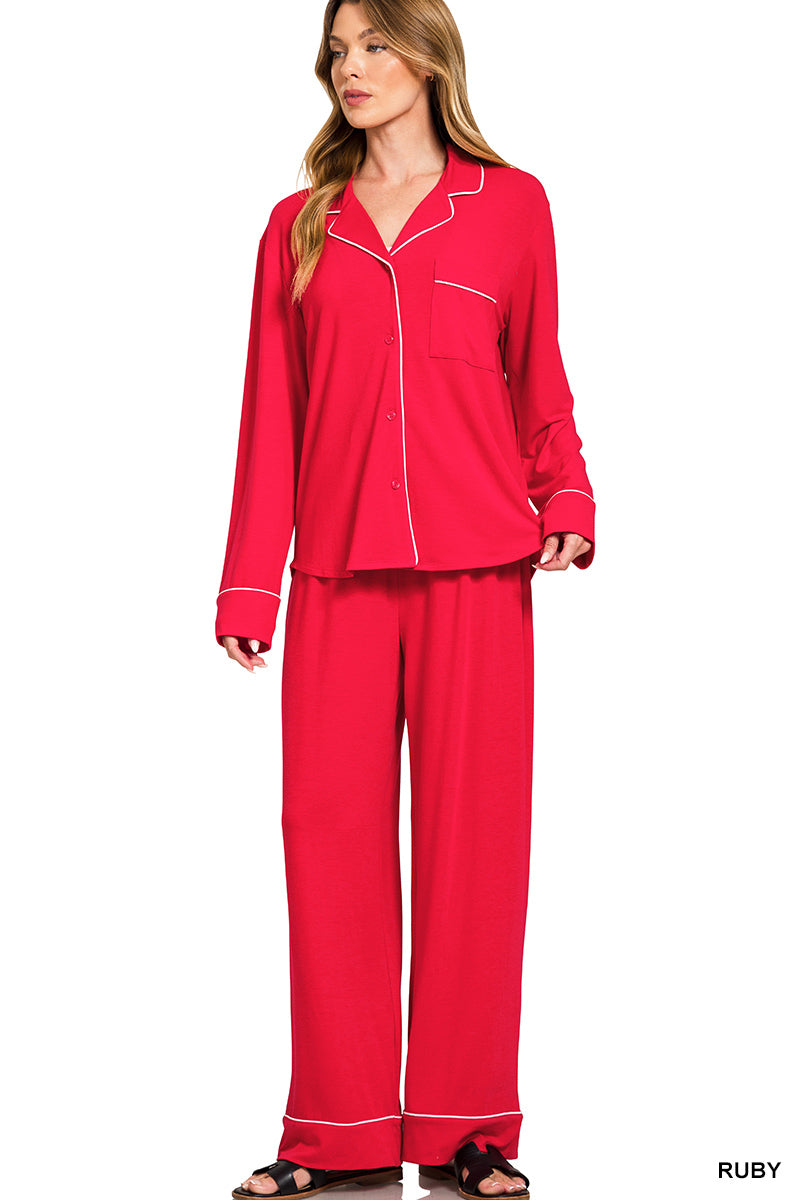Long Sleeve Button Down Lounge Set - Red