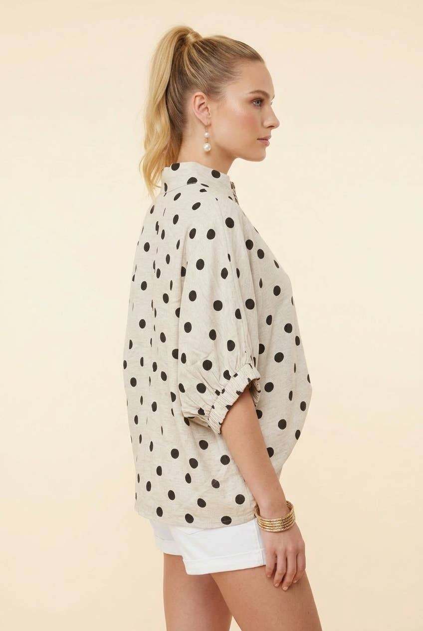 HT20528 Polka Dot Leopard Trim Dolman Sleeve Blouse: BLACK / 3-2-1(XL-1XL-2XL)