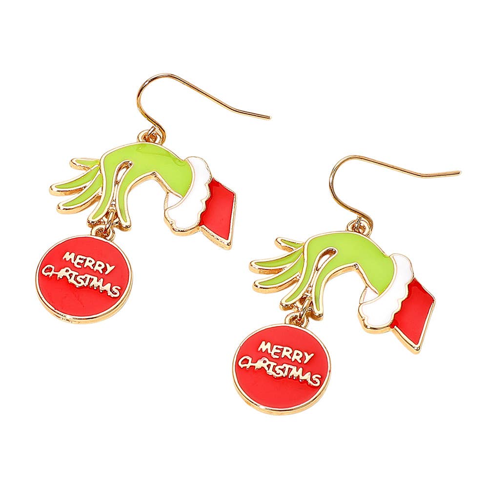 MERRY CHRISTMAS Message Ornament Green Monster Hand Dangle Earrings