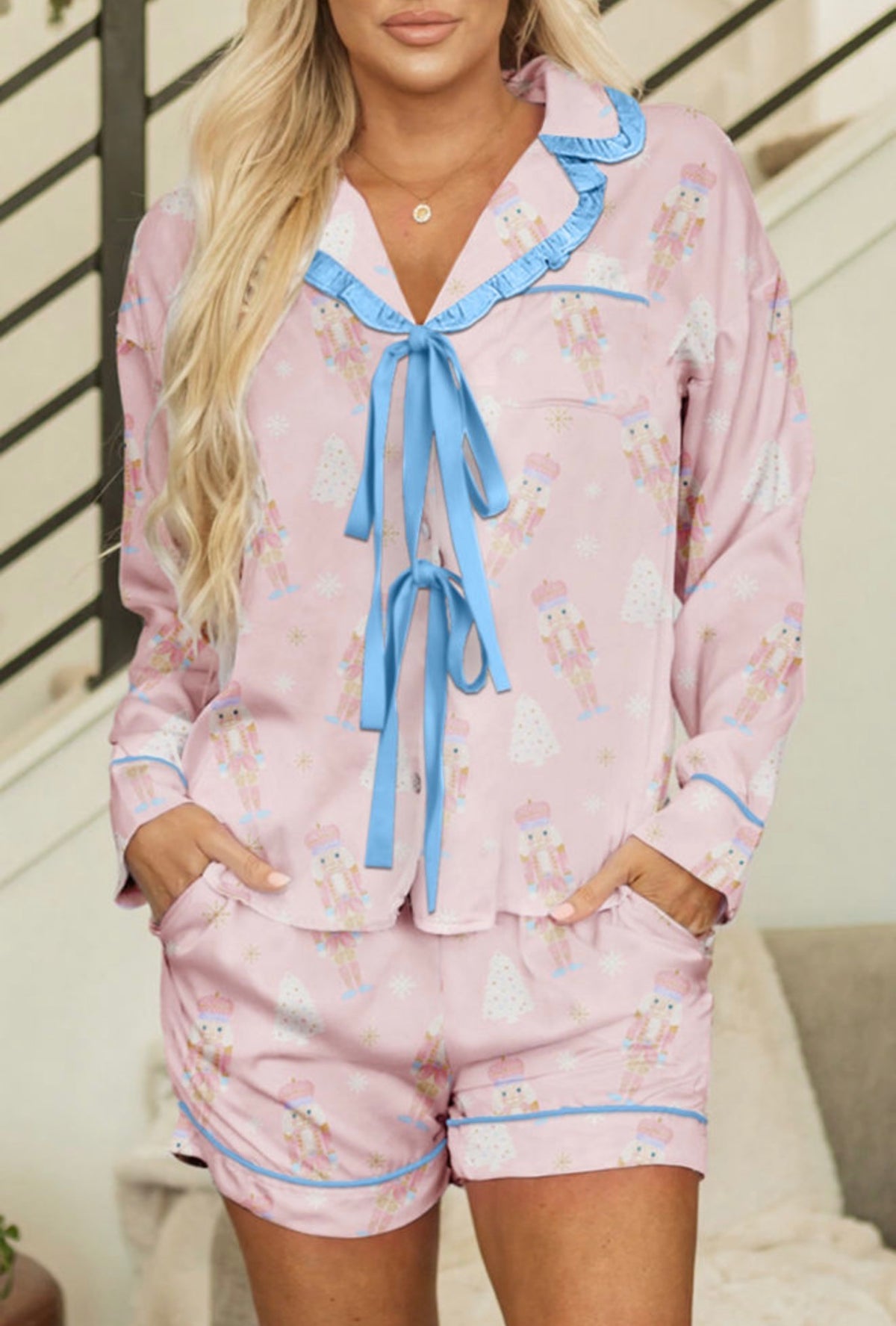 Blue Bow Christmas PJ Set