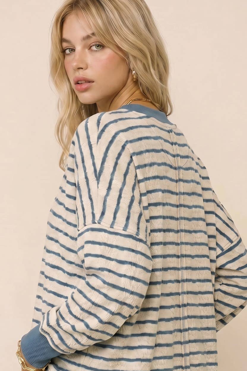 Relaxed Fit Textured Striped Pullover Top: Brown