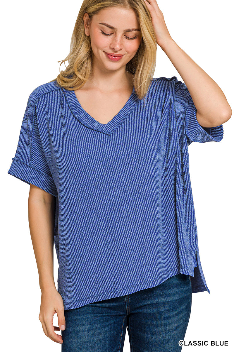 V-Neck Ribbed Tee-Blue