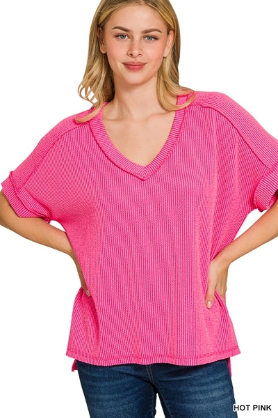 Ribbed V-Neck Tee-Hot Pink