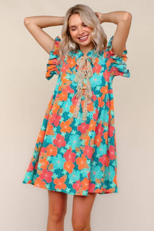 Floral Chiffon Dress W/ Ruffle Short Sleeves