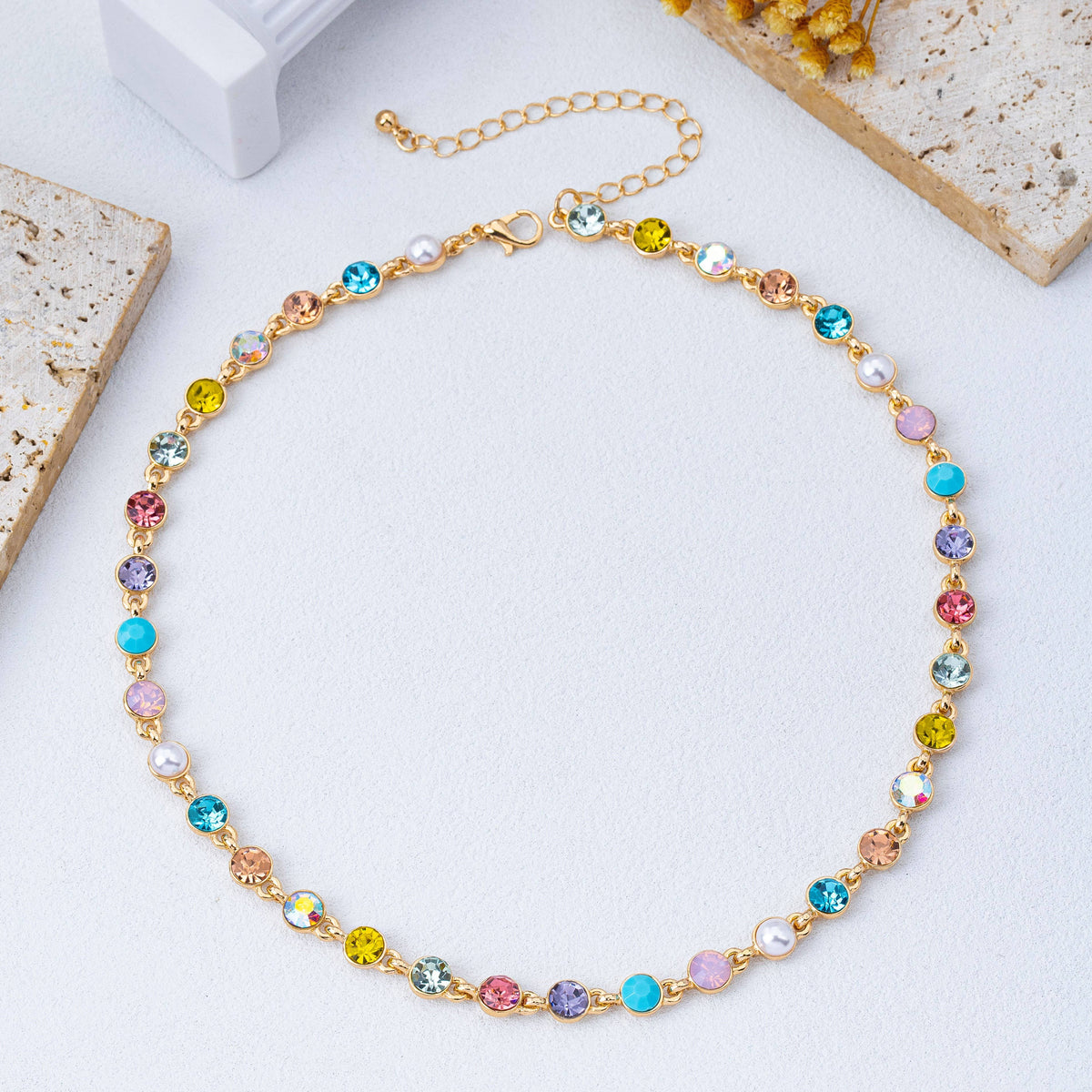 Multi Color Crystal & Pearl Tennis-Style Necklace GOLD