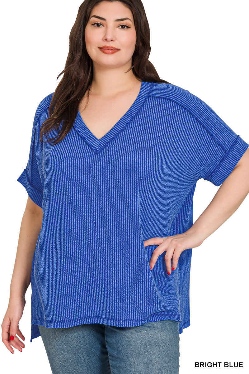 Ribbed V-Neck Tee-Blue