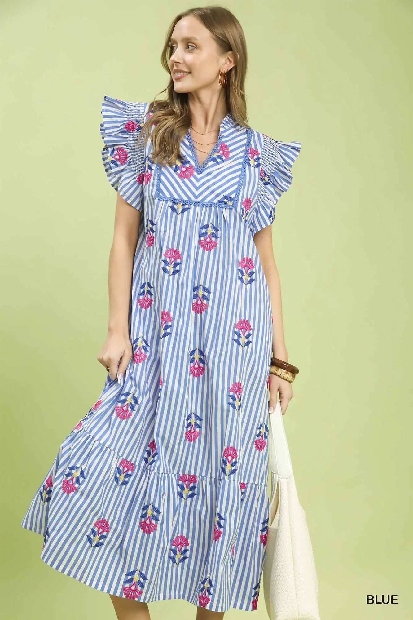 Blue Striped Floral Midi Dress