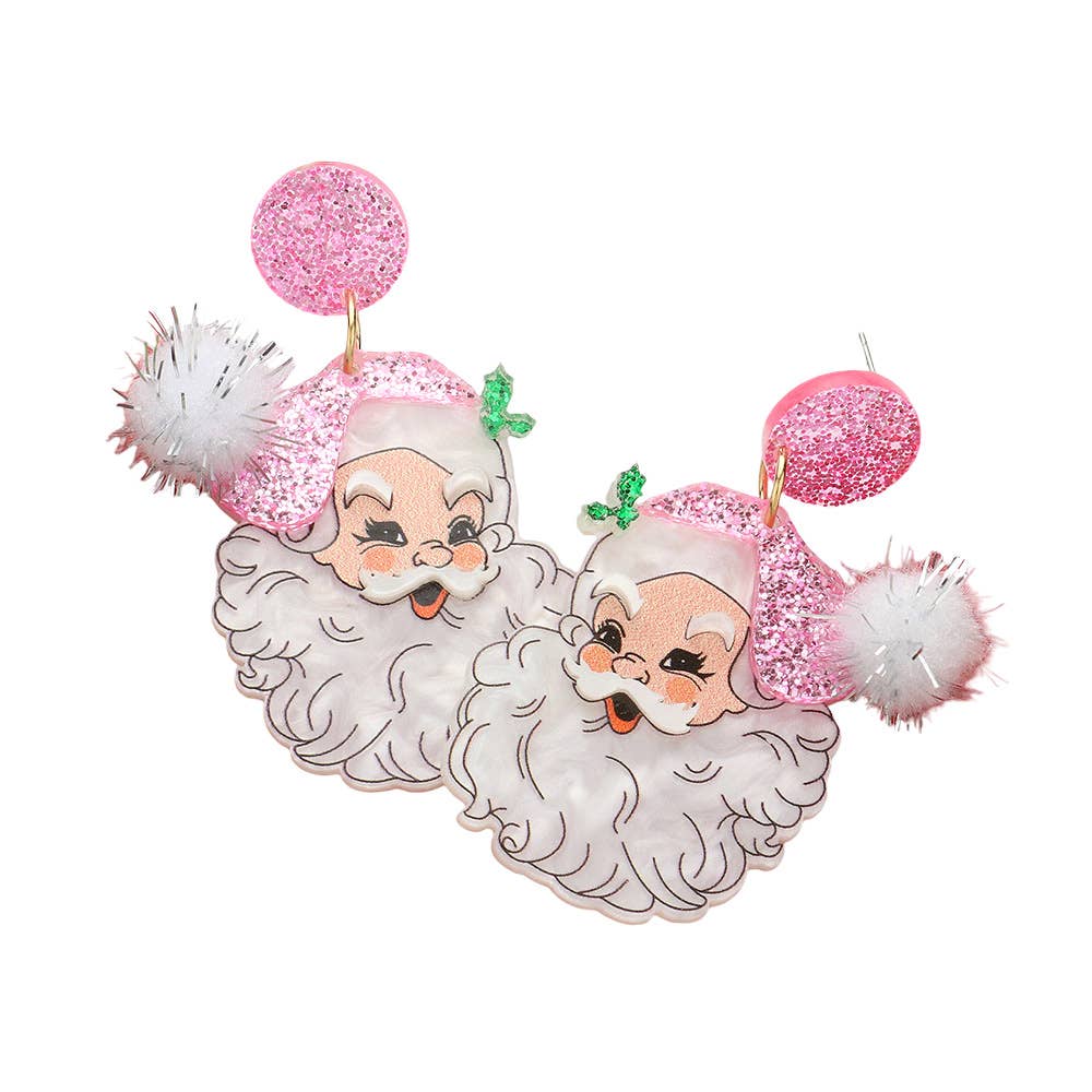 Glittered Resin Pom Santa Dangle Earrings: Red