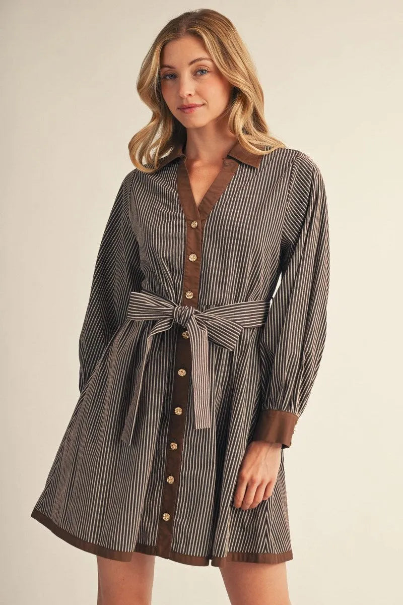 Brown Textured Stripe Dress