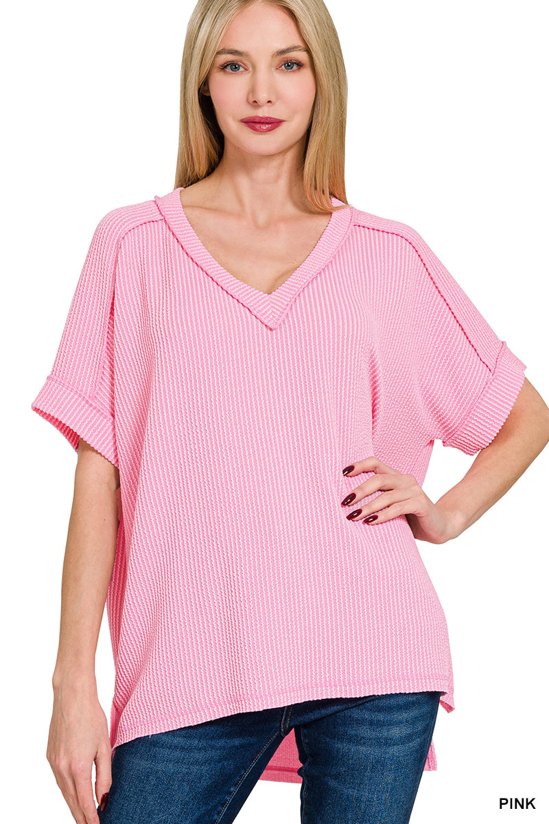V-Neck Ribbed Tee-Pink