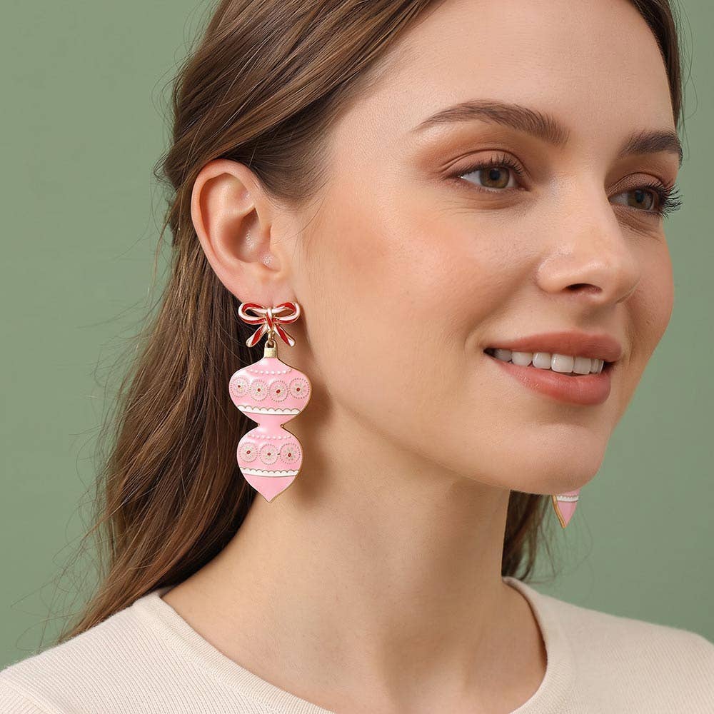 Triple Enamel Christmas Bow Ornament Link Drop Earrings: Gold,Red