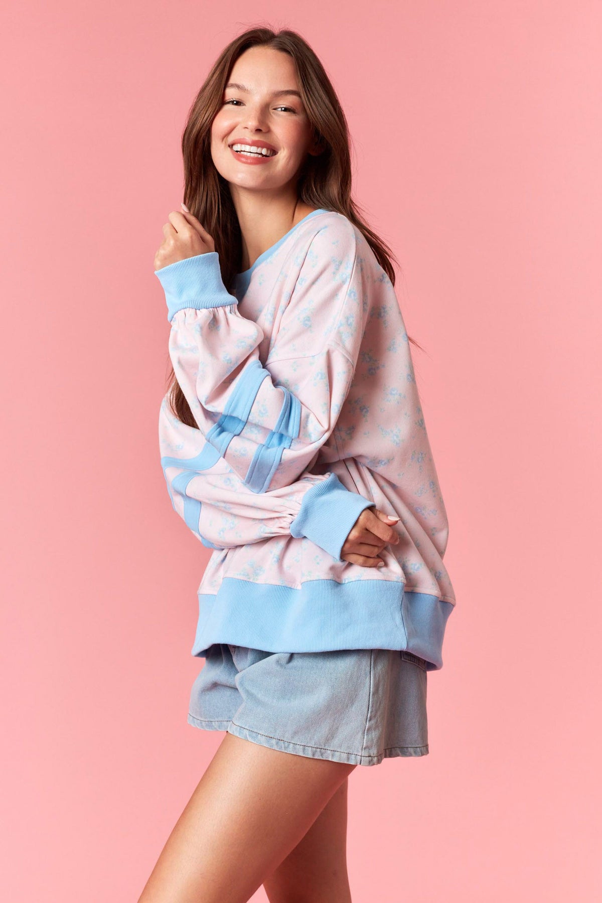 Pink Floral w/ Blue Detail Sweatshirt
