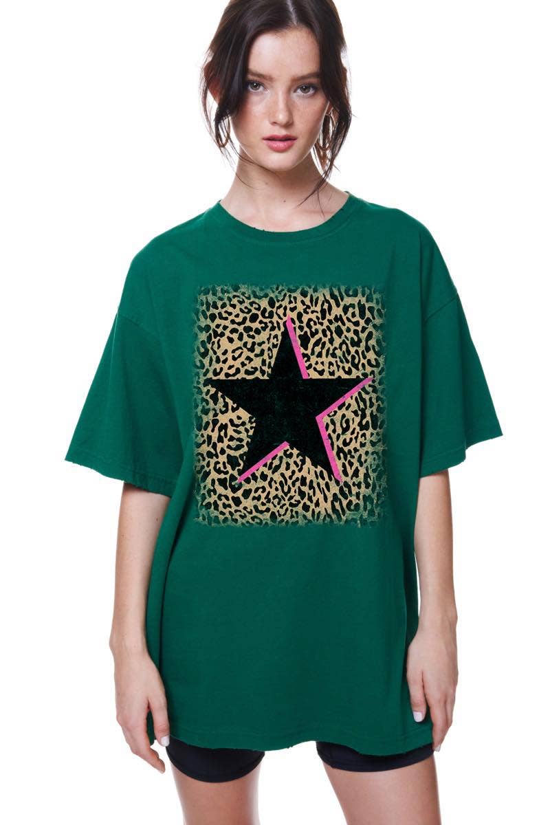 Leopard Pink Star Vintage Oversized Graphic Top: FUCHSIA