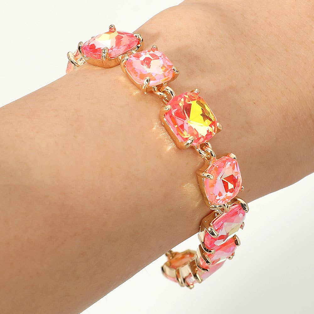 Cushion Square Stone Link Evening Bracelet: Red