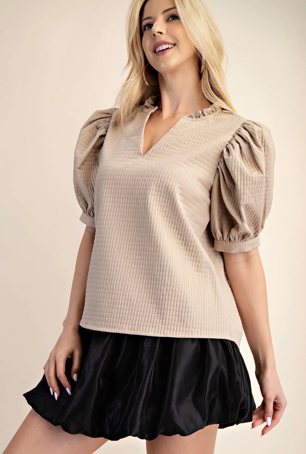 Beige Textured Puff Sleeve Top