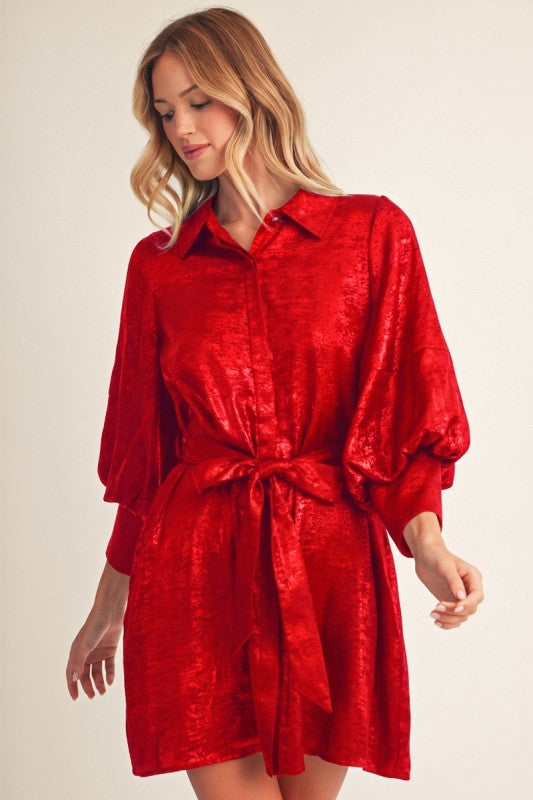 Red Metallic Tie Dress