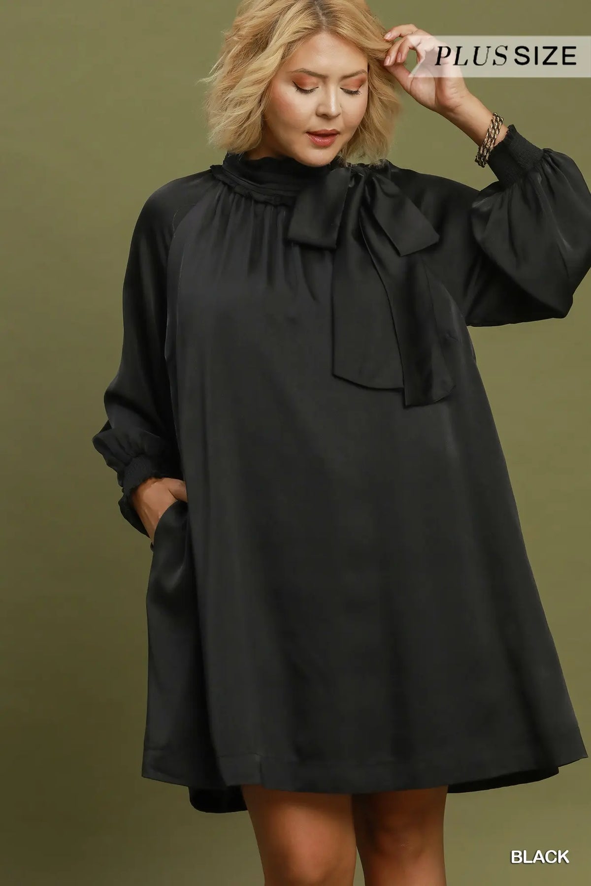 Black Satin Tie Neck Dress