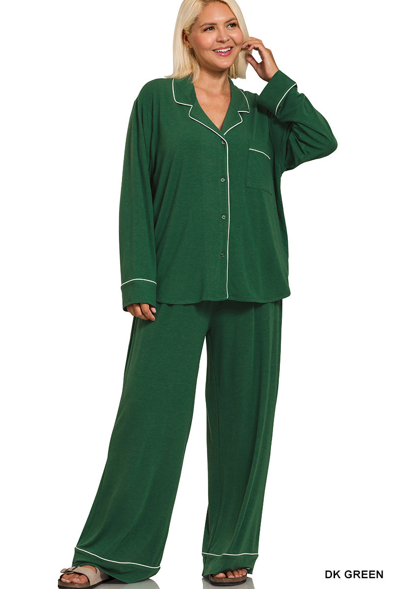 Long Sleeve Button Down Lounge Set - Green