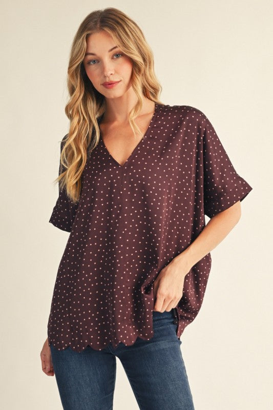 Scallop Polka Dot Top- Burgundy