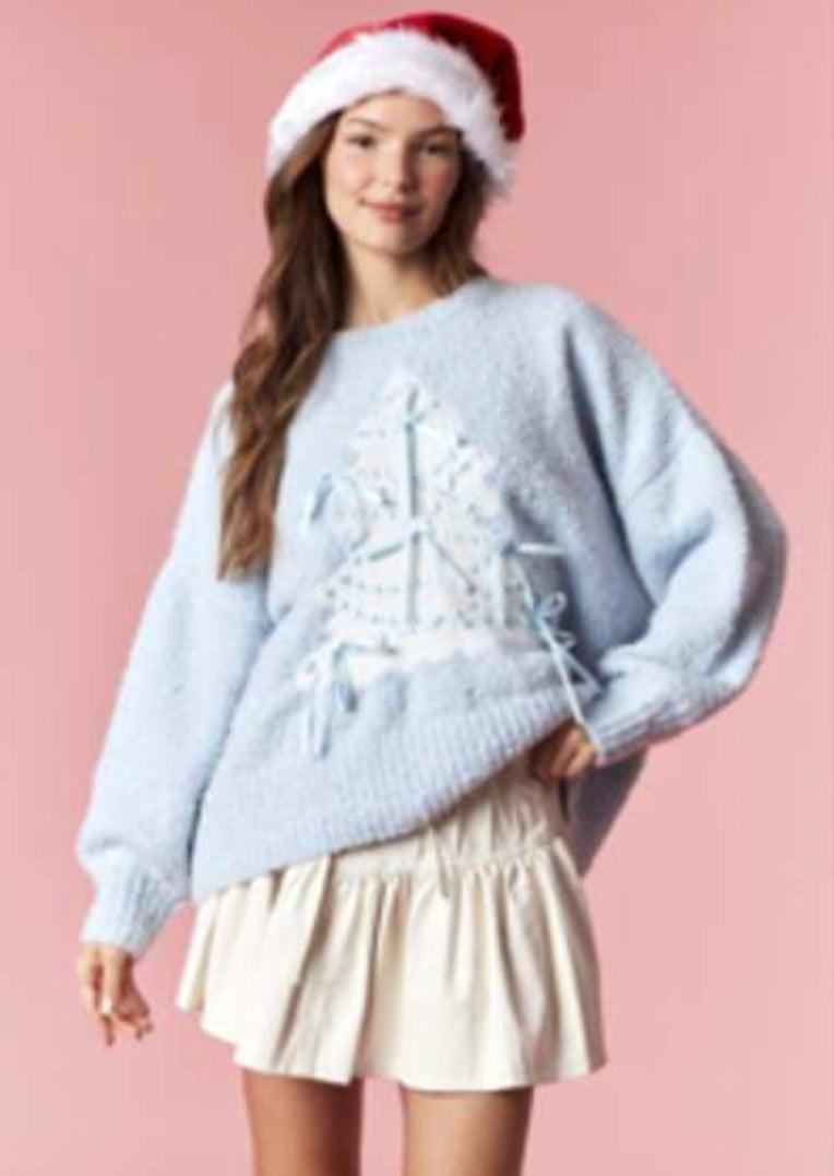 Christmas Tree Bow Sweater-Pink