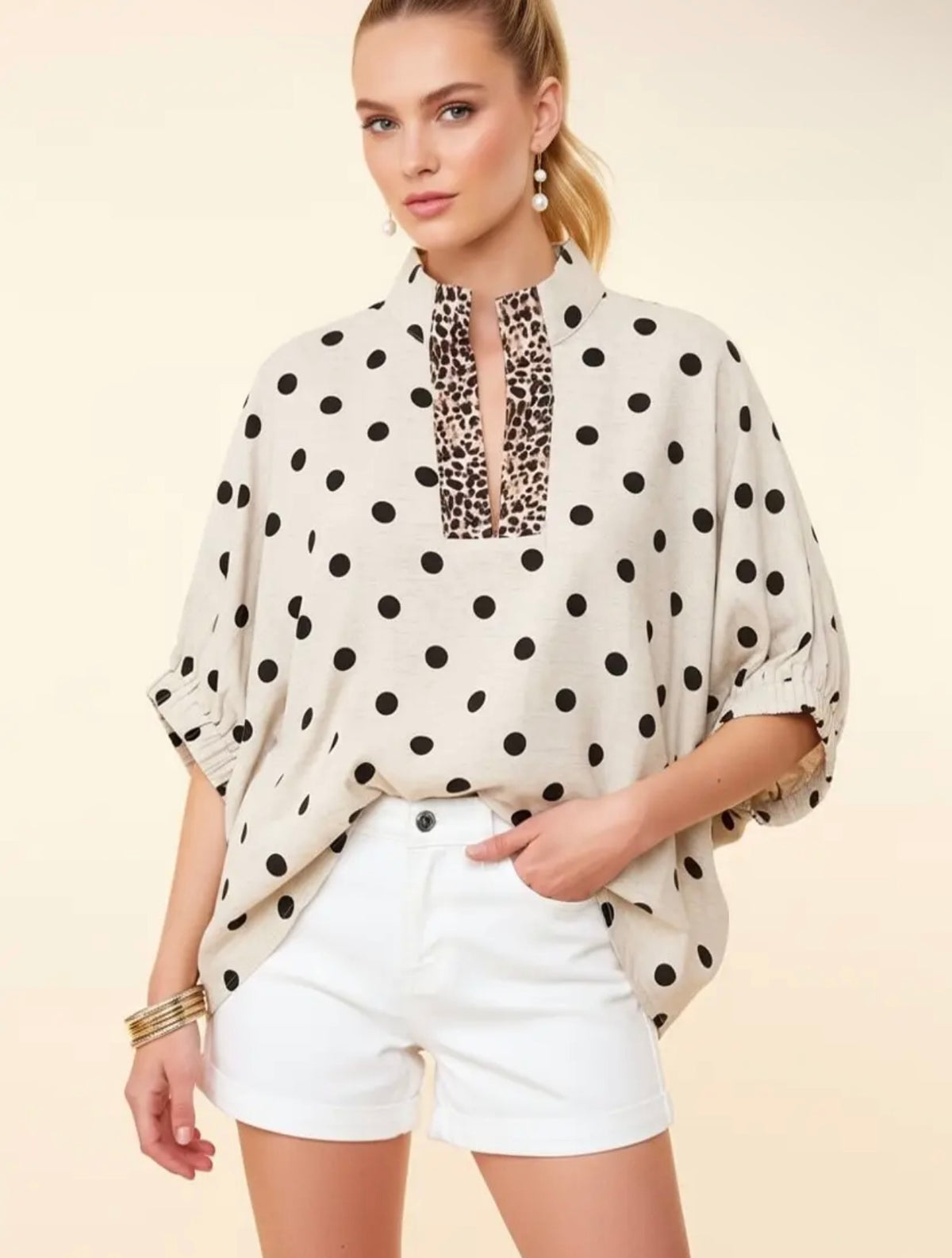 Polka Dot Leopard Trim
Dolman Sleeve Blouse