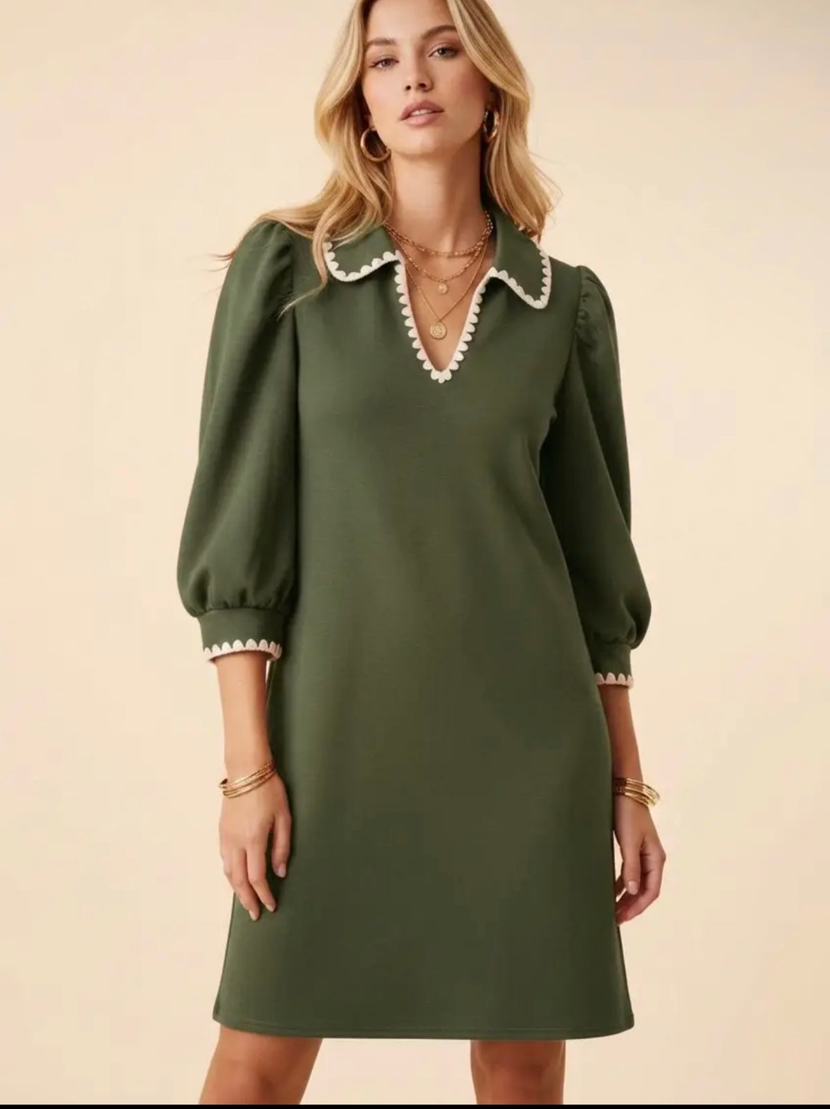 Olive Scallop Trim Dress