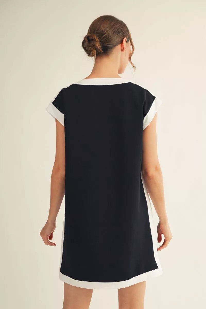 Contrast Trim Sleeve Dress-Black