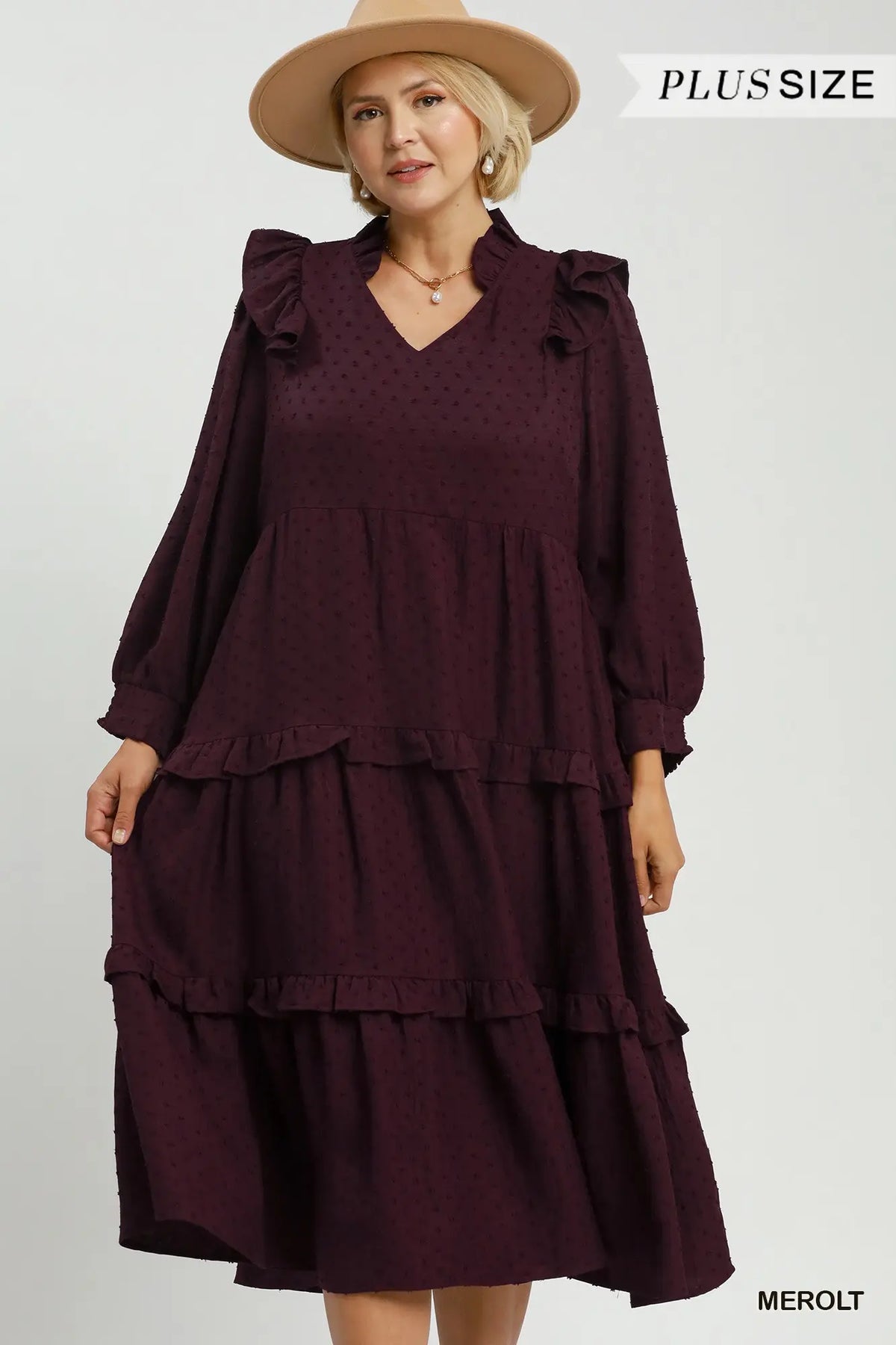 Merlot Textured Ruffle Tiered Dress