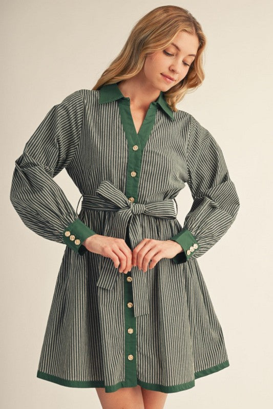 Green Button Textured Stripe Dress