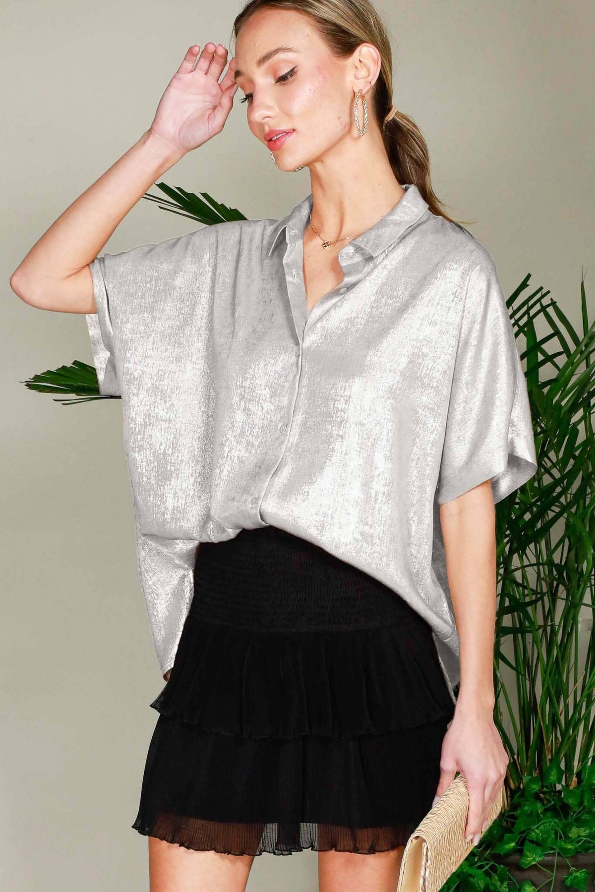 Collared Neck Button Down Metallic Woven Top Gold