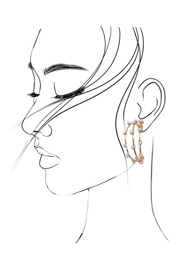 TRIPLE ROW WIRE PEARL HOOP EARRINGS |Gold