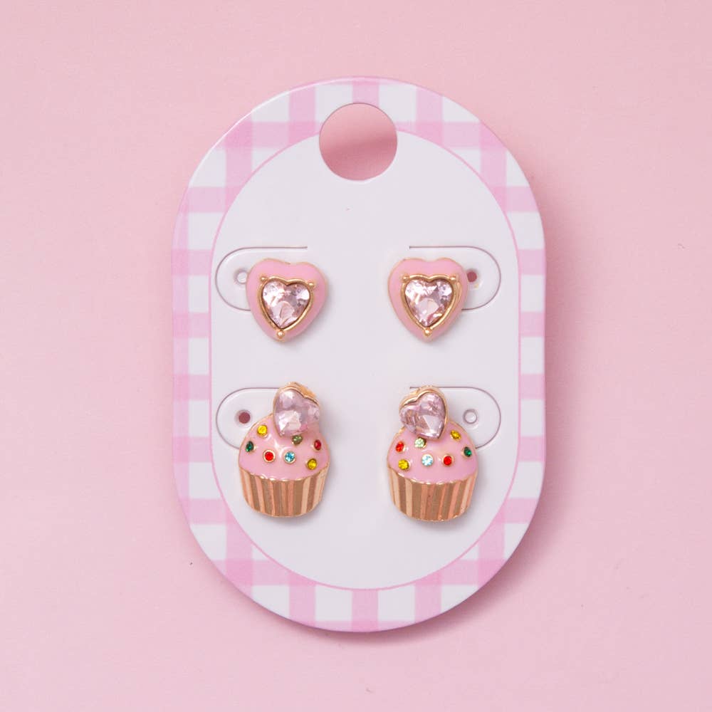 Pink Enamel Cupcake Studs and Heart Gem Stud Earring Set