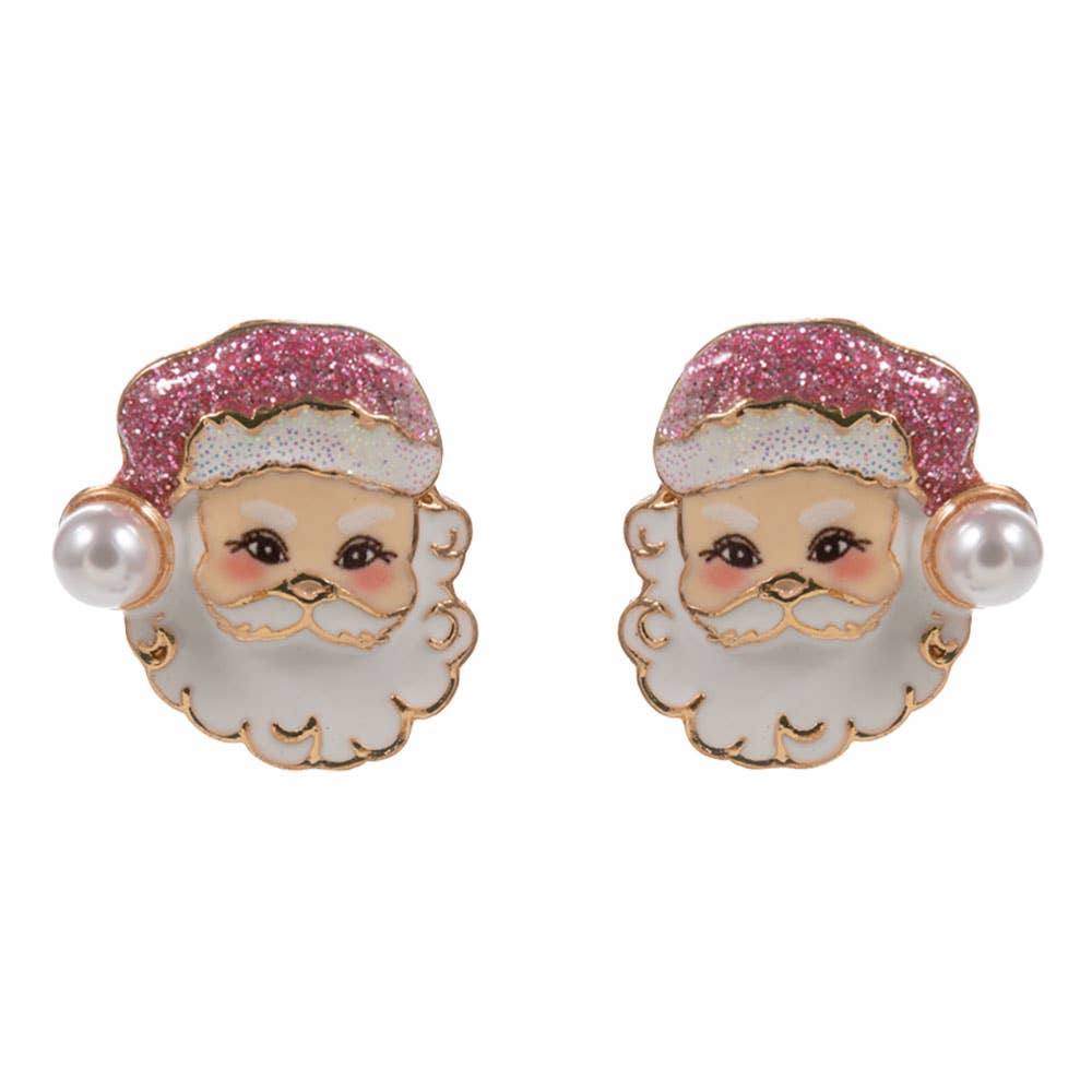Pearl Glittered Hat Santa Face Stud Earrings: Red