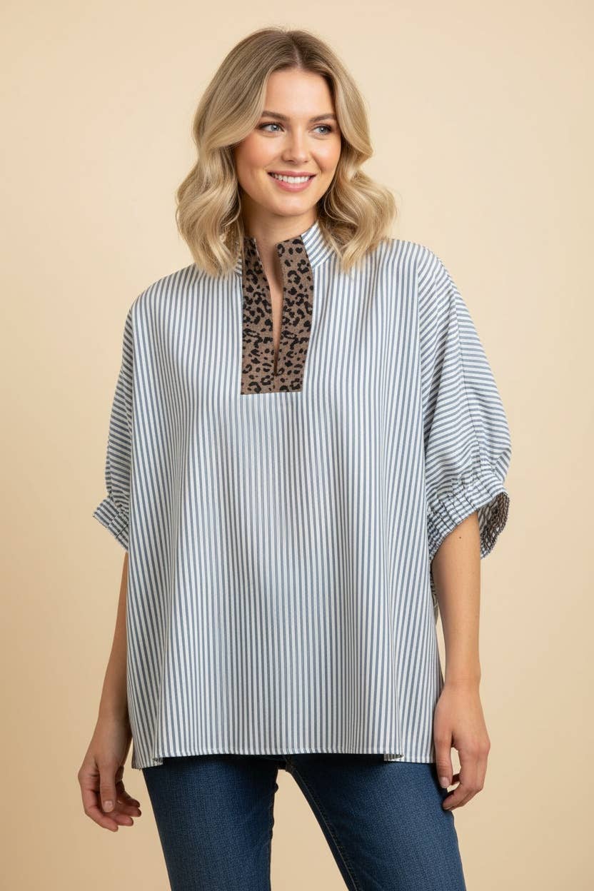 Striped Oversized Split Neck Short Sleeve Top: MOCHA