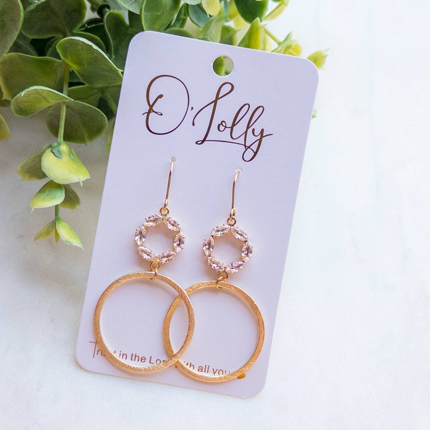 Cubic Zirconia Open Connector w/Gold Texture Hoop Dangle Earrings “Jenny”