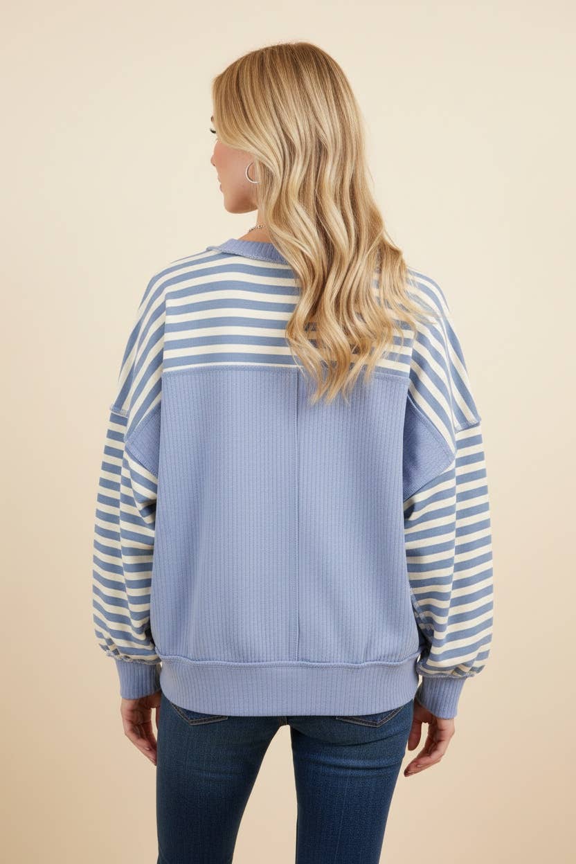 HT20276 Striped Drop-Shoulder Pullover Sweatshirt: CREAM/OLIVE / 2-2-2(S-M-L)