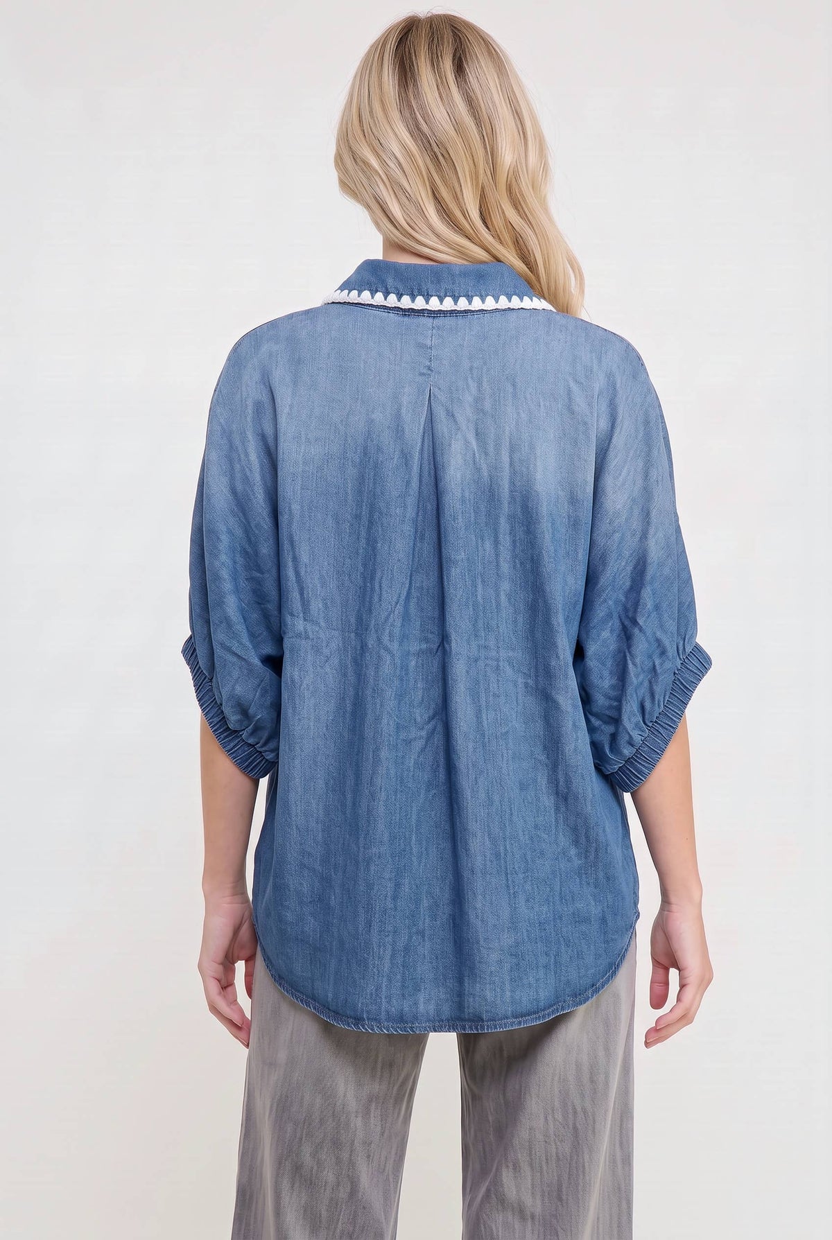 HT20192 Crochet Trim Denim Puff Sleeve Popover Blouse: DENIM / 2-2-2(S-M-L)