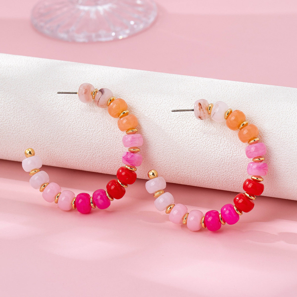 Rainbow Beaded Hoop Earrings Gold