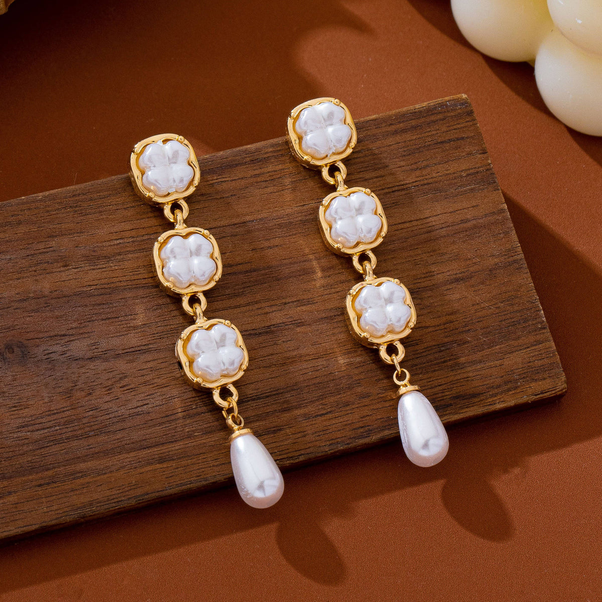 Pearlized Square Link Teardrop Earrings