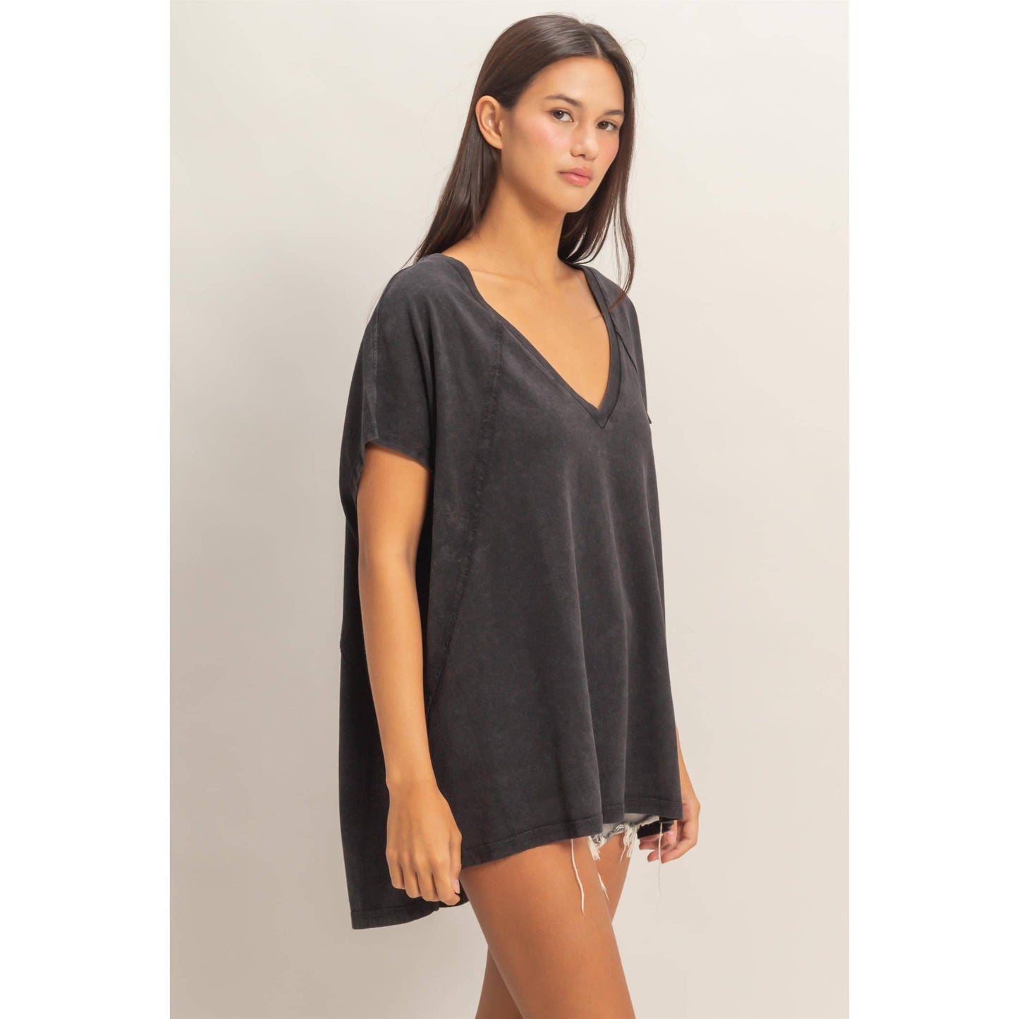 Oversized V-Neck Mineral Washed Top: DARK TEAL
