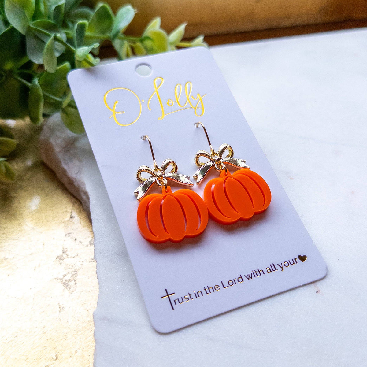 Golden Bow Orange Pumpkin Dangle Earrings