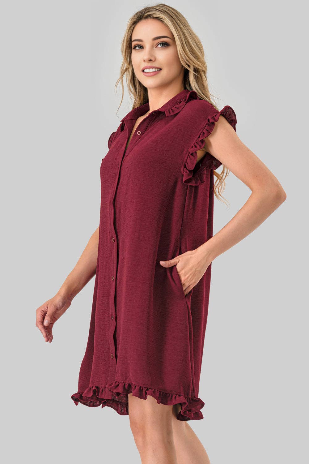 Avery Game Day Ruffle Button Down Dress Burgundy