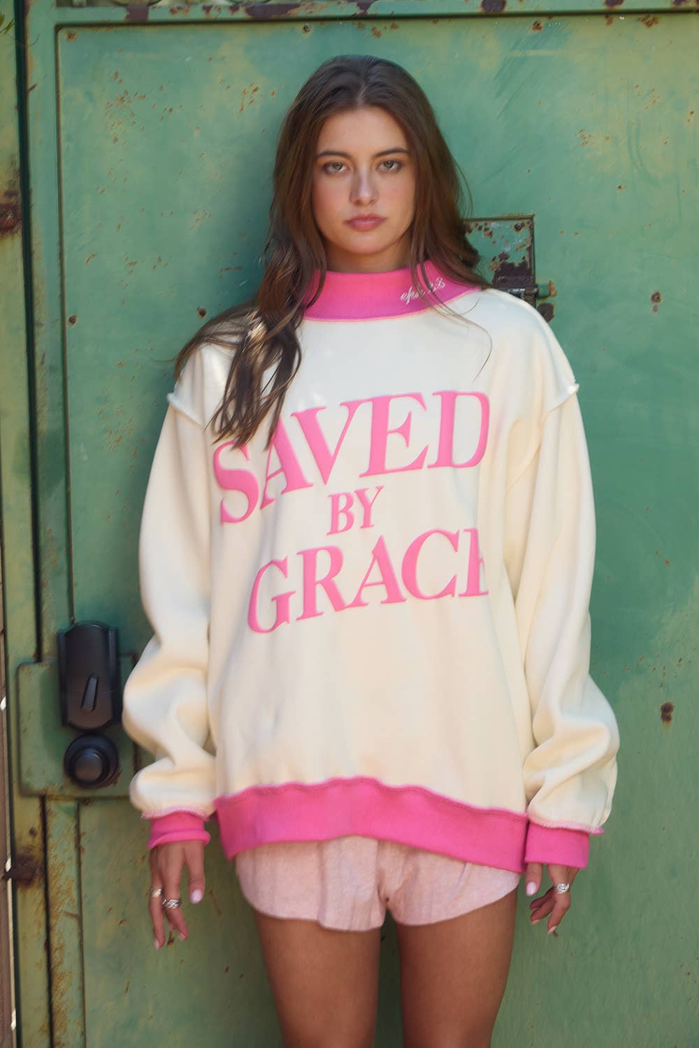 Saved by Grace Puff Print Sweatshirt: CREAM / PINK
