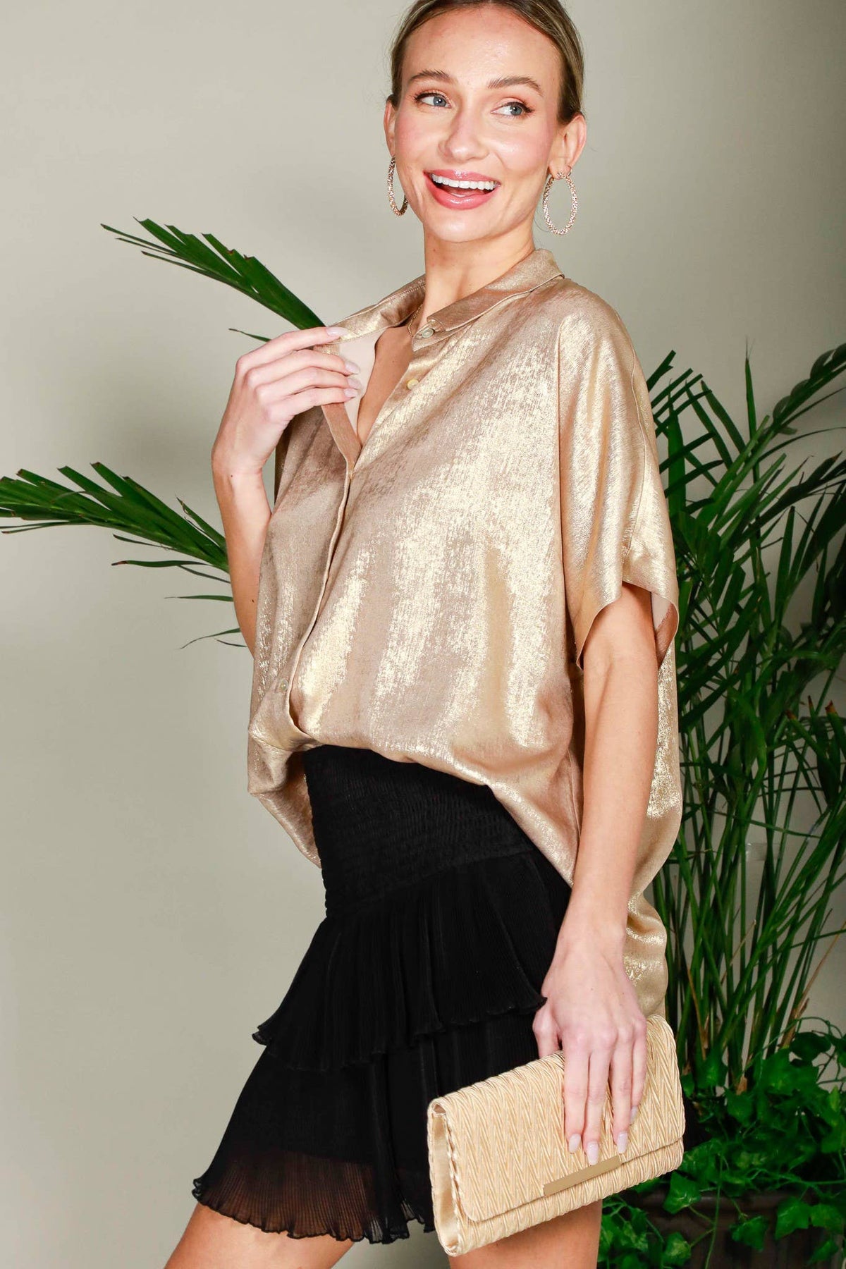 Collared Neck Button Down Metallic Woven Top Gold